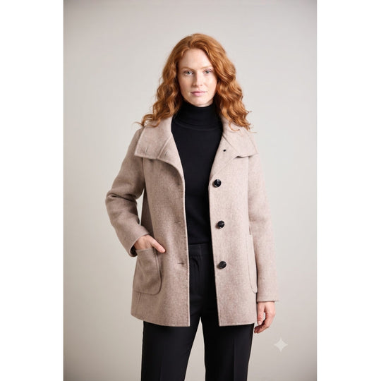 Taupe wool coat with patch pockets, large lapels, and black buttons, front view on model