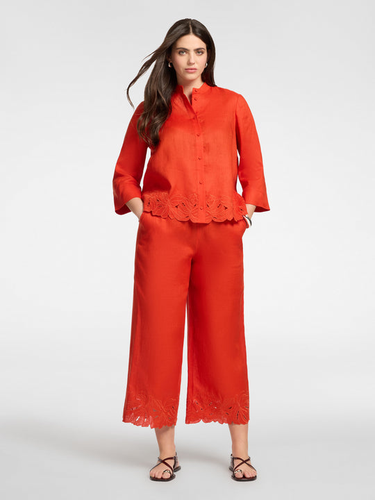 Elena Miro Embroidered Cutwork Linen Crop Pant in Paprika