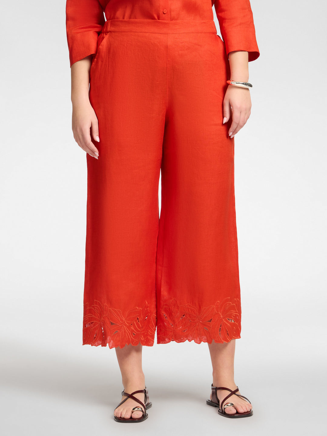 Elena Miro Embroidered Cutwork Linen Crop Pant in Paprika