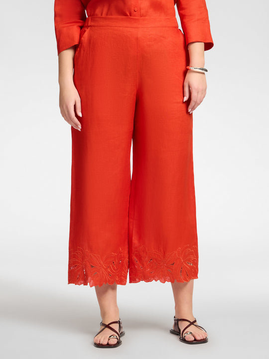 Elena Miro Embroidered Cutwork Linen Crop Pant in Paprika
