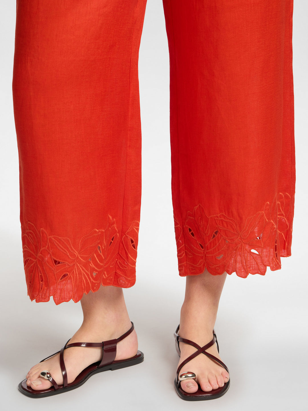 Elena Miro Embroidered Cutwork Linen Crop Pant in Paprika