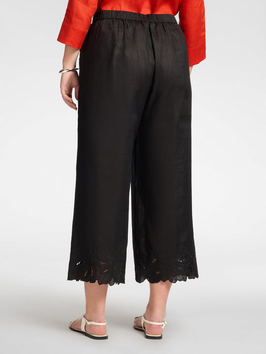 Elena Miro Embroidered Cutwork Linen Crop Pant in Black
