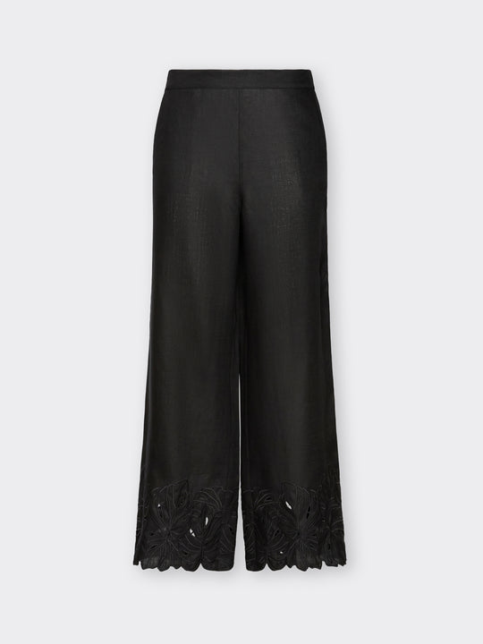 Elena Miro Embroidered Cutwork Linen Crop Pant in Black