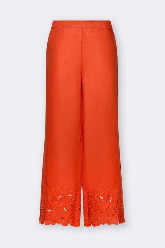 Elena Miro Embroidered Cutwork Linen Crop Pant in Paprika