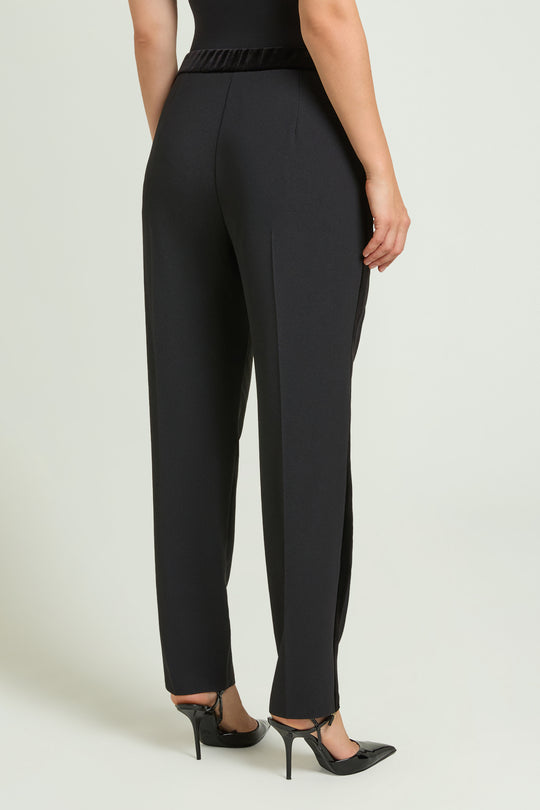 Black crepe tuxedo pants with velvet side stripe, slim tapered ankle length