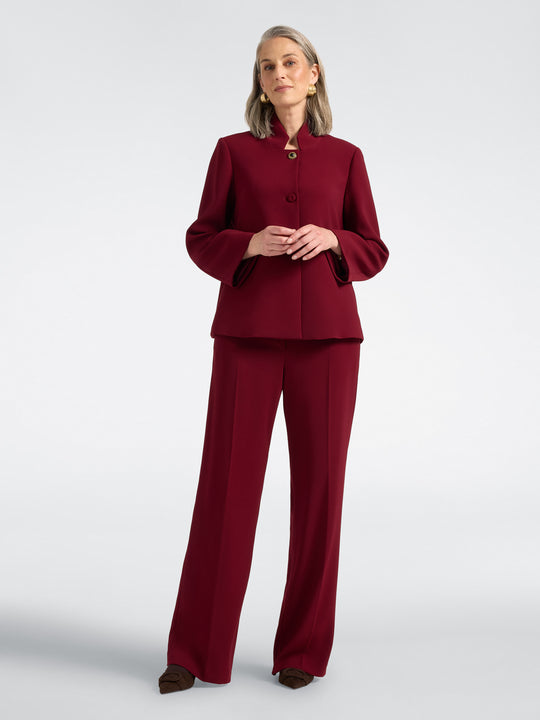 Men's deep red stretch crepe trouser set with tailored jacket and wide legs