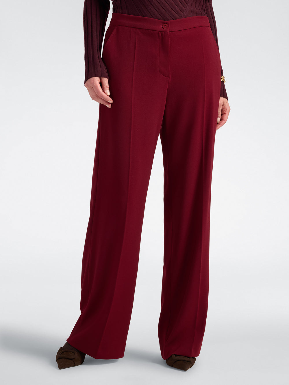 Men's deep red stretch crepe trousers, relaxed wide-leg silhouette