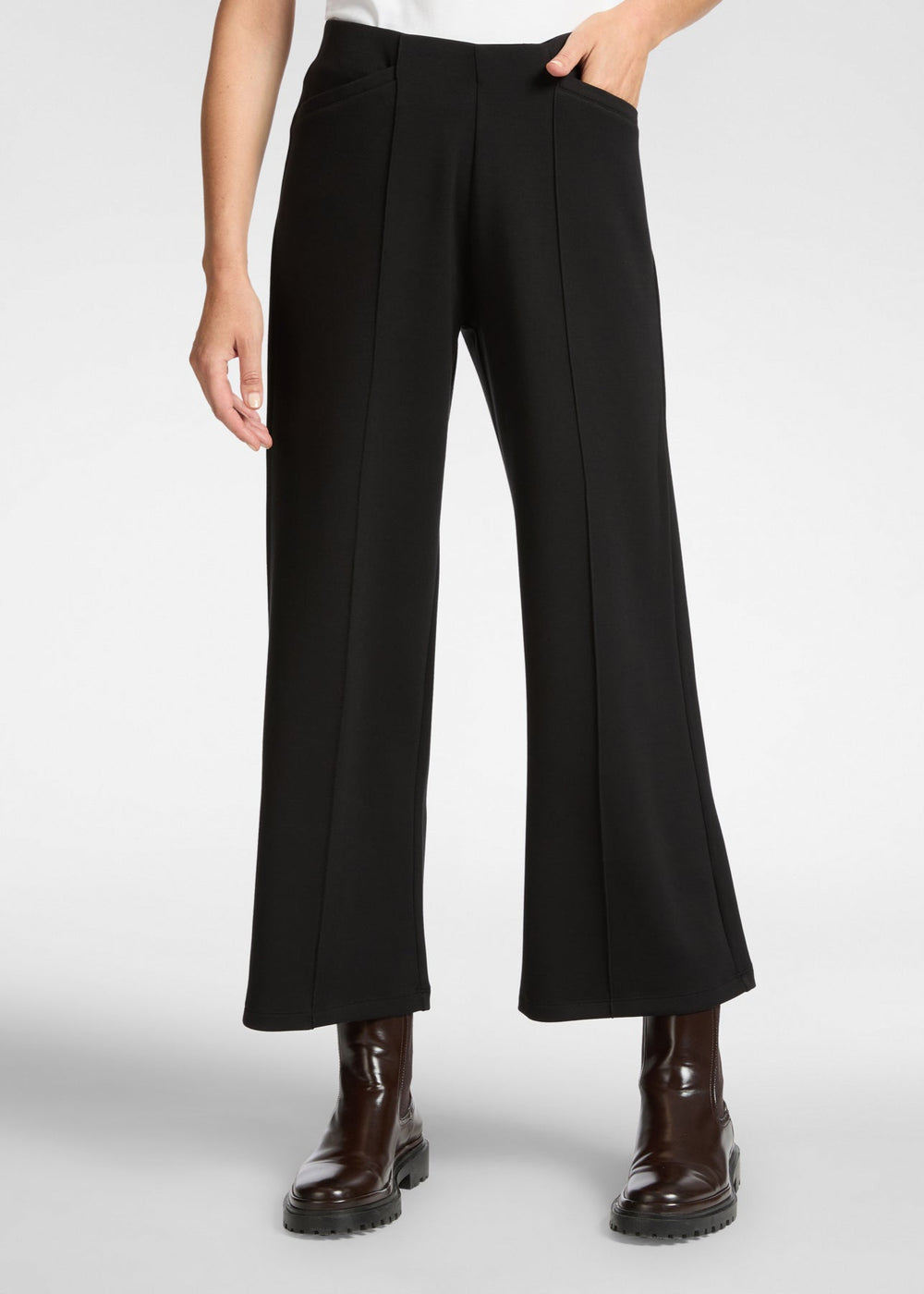front view of plus size Elena Miro Scuba Cropped Pull on Pant in Black