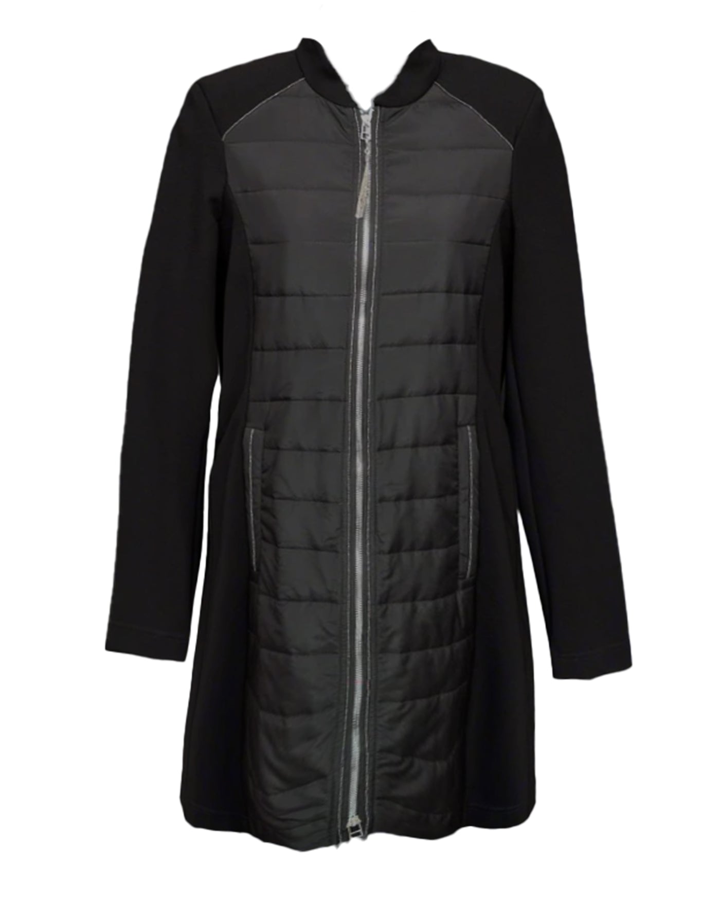 I'Cona Long Zip Front Jacket with Quilting Detail in Black