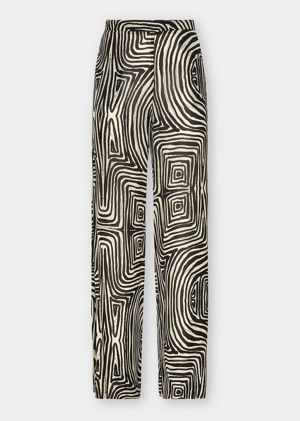 Trousers with a black and white geometric pattern on a white background