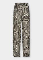 Trousers with a black and white geometric pattern on a white background