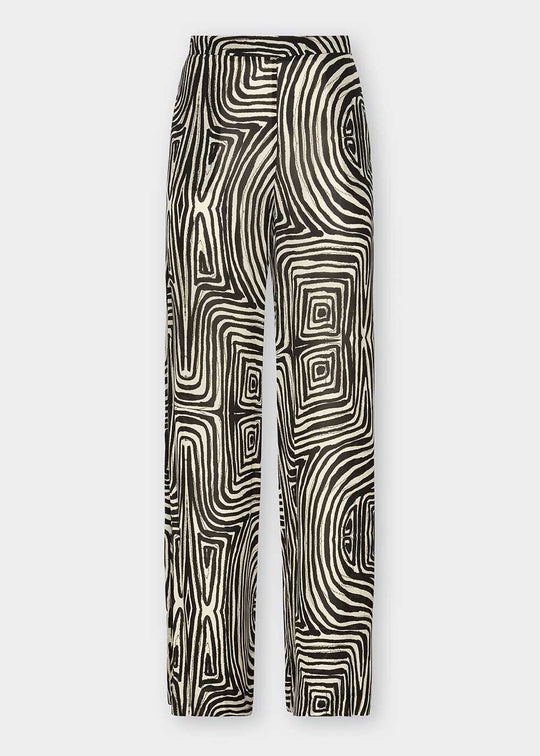 Trousers with a black and white geometric pattern on a white background