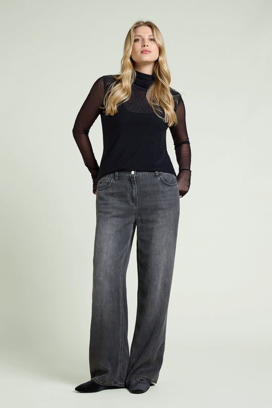 Black wash wide-leg jeans with relaxed straight legs and front button