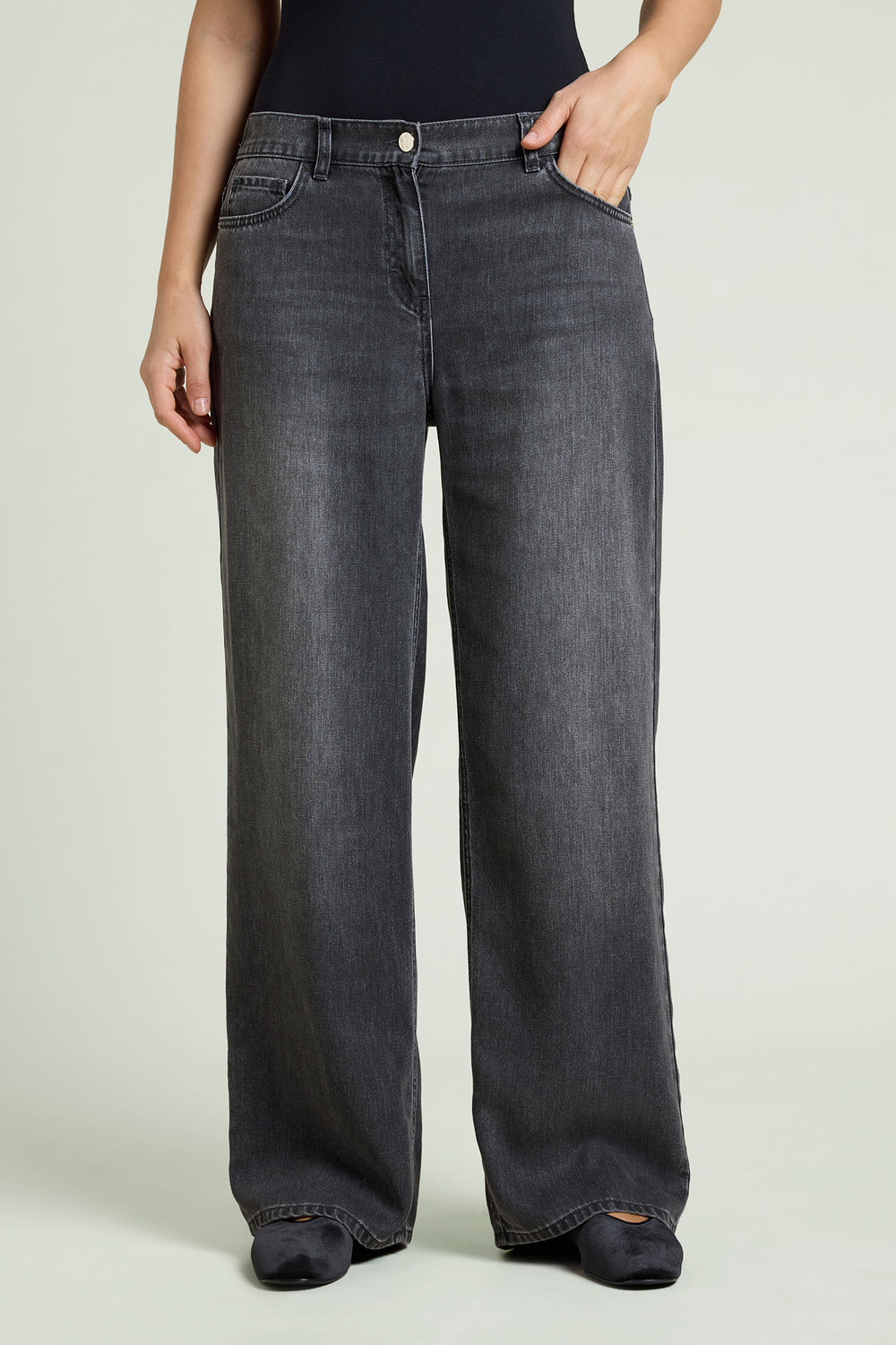 Black wash wide-leg jeans with button closure and belt loops