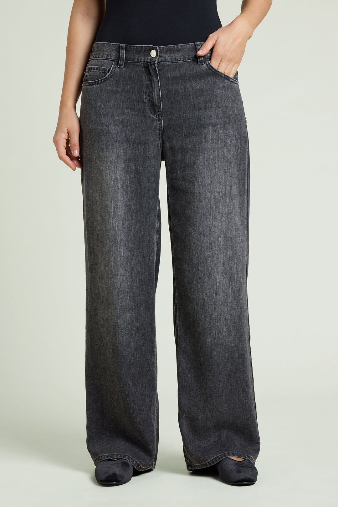 Black wash wide-leg jeans with button closure and belt loops