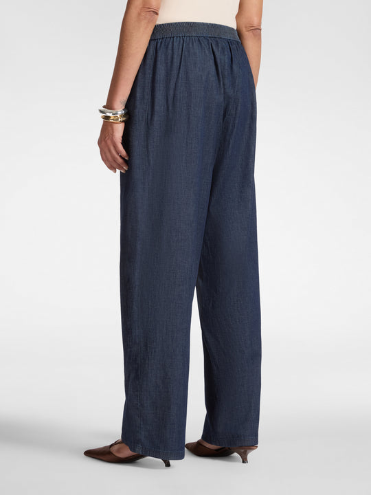 Elena Miro Chambray Pull on Carrot Jean in Organic Denim with Elastic Back in Blue