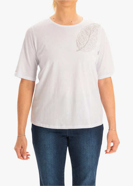 front view of plus size Luisa Viola Short Sleeve Tee with Leaf Motif in White