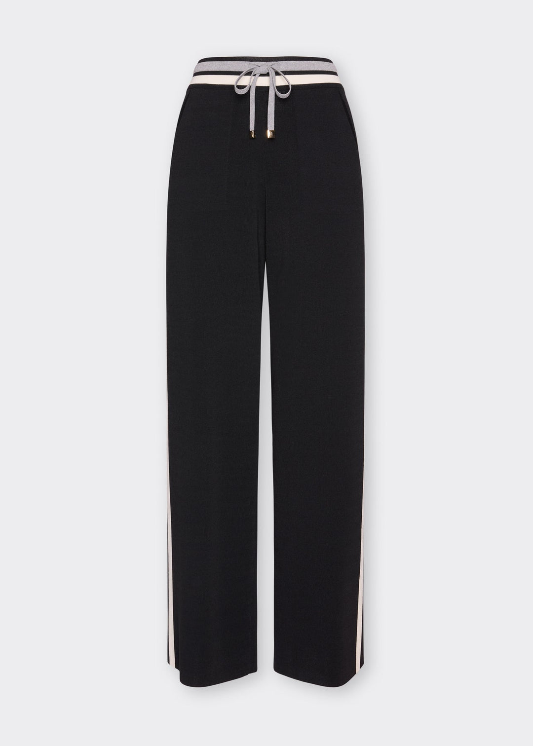 Black wide-leg knit drawstring pants with white side stripe detail and elastic waistband