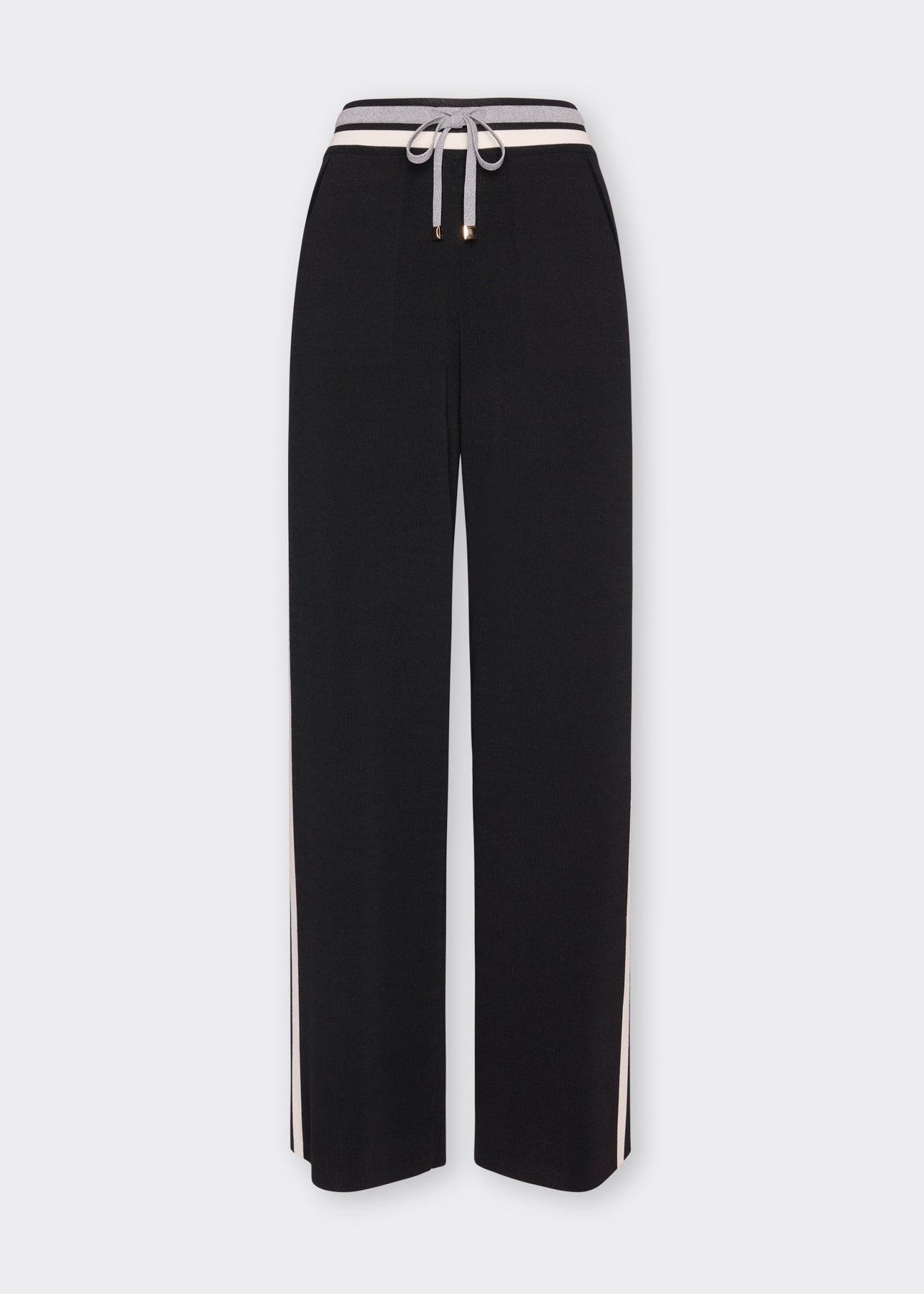 Black wide-leg knit drawstring pants with white side stripe detail and elastic waistband