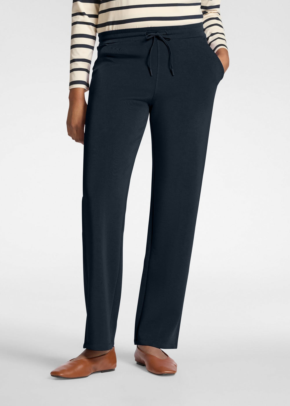 front view of plus size Elena Miro Scuba Regular Leg Trousers in Navy 