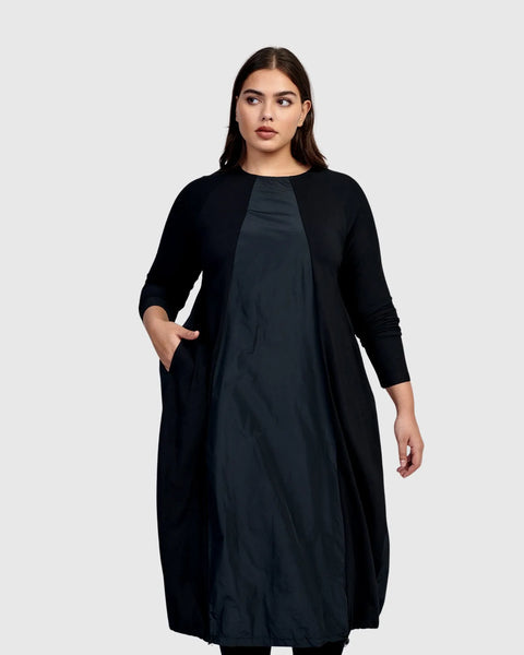 Alembika Mix Media Taffeta Dress with Drawstring Hem in Black