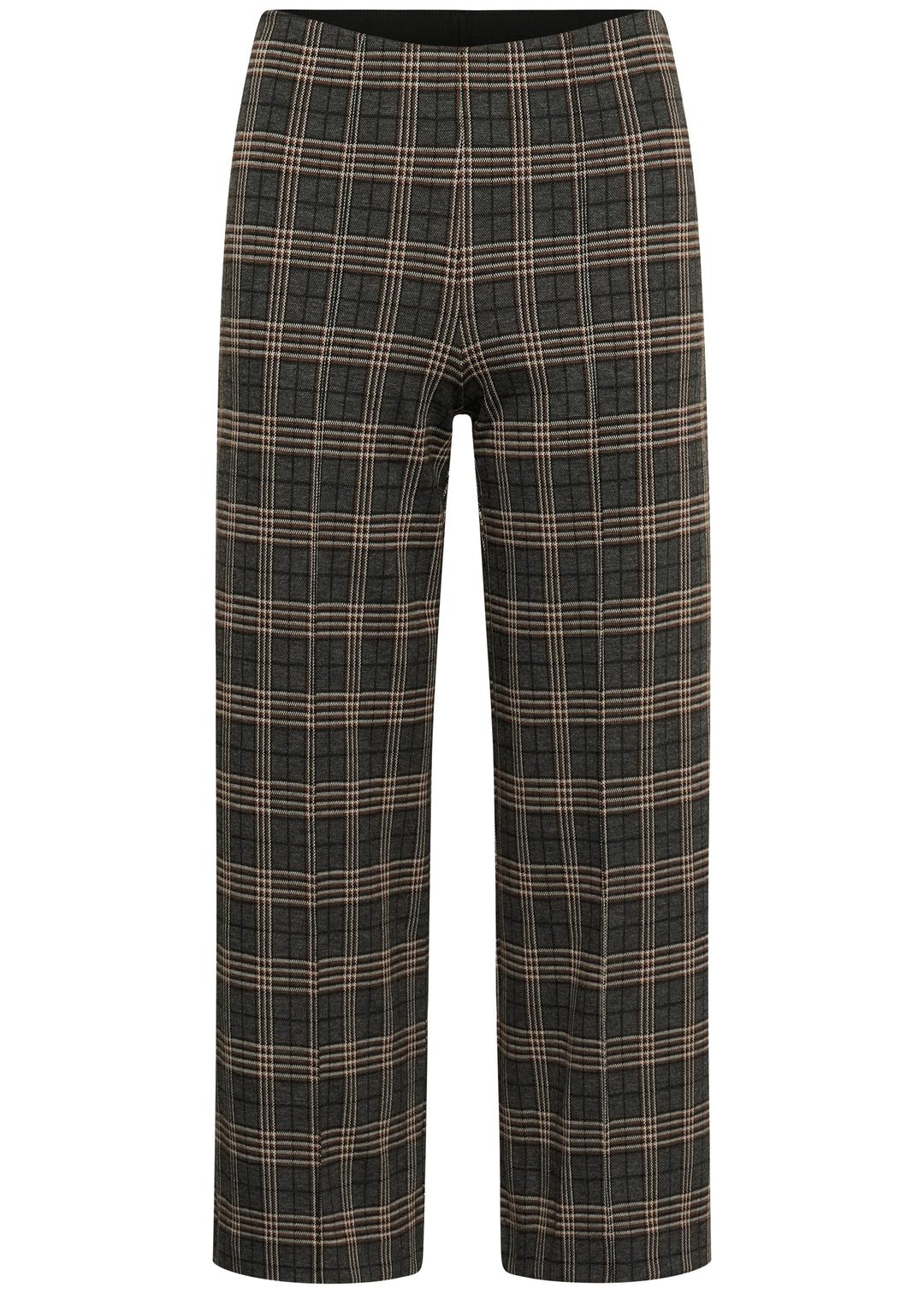 Grey big-check plaid wide-leg pull-on pants with elastic waistband