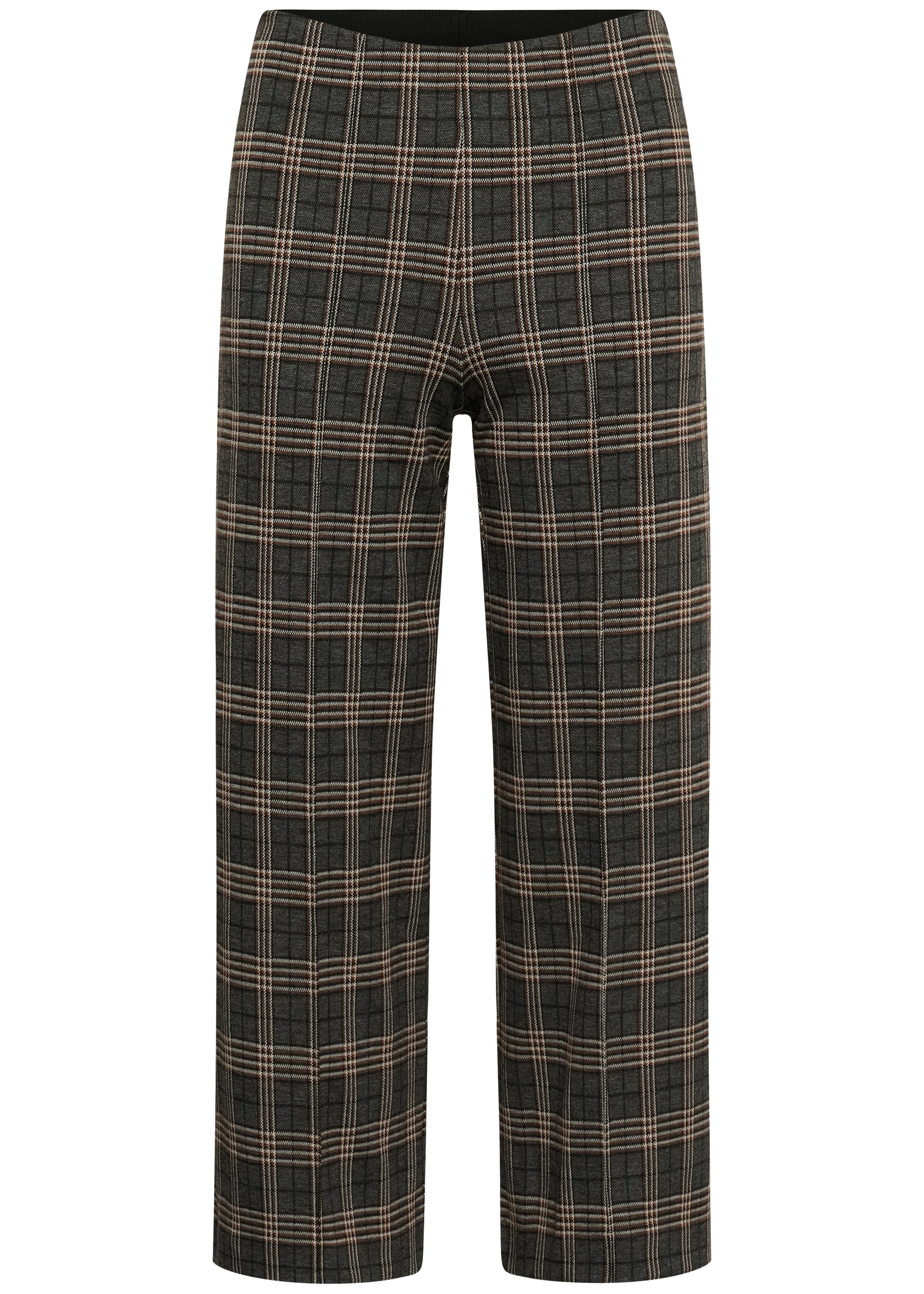 Grey big-check plaid wide-leg pull-on pants with elastic waistband
