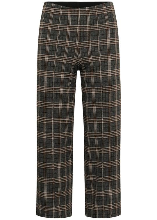 Grey big-check plaid wide-leg pull-on pants with elastic waistband