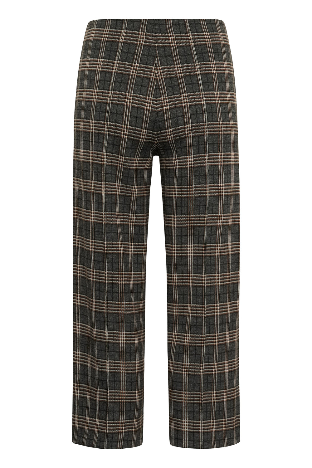 Grey big-check plaid wide-leg pull-on pants with long straight legs