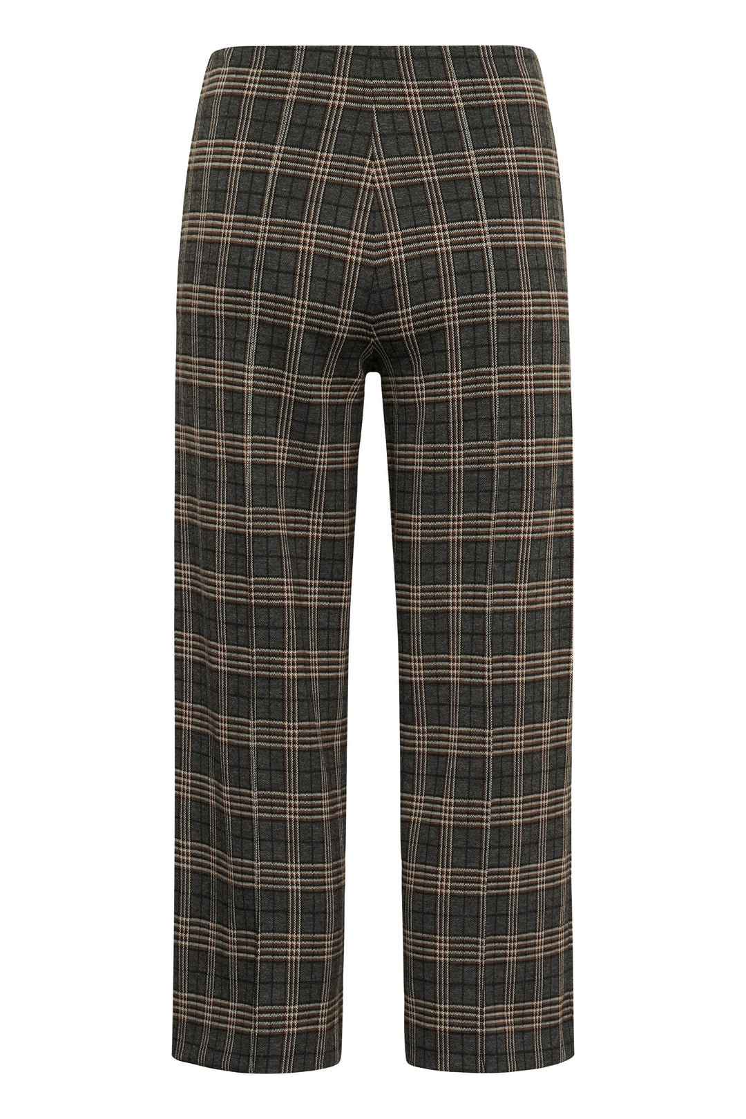 Grey big-check plaid wide-leg pull-on pants with long straight legs