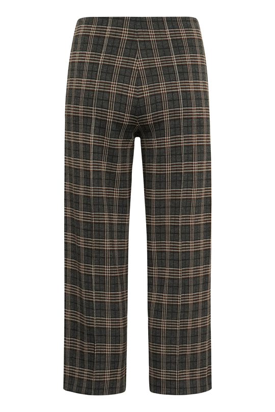 Grey big-check plaid wide-leg pull-on pants with long straight legs