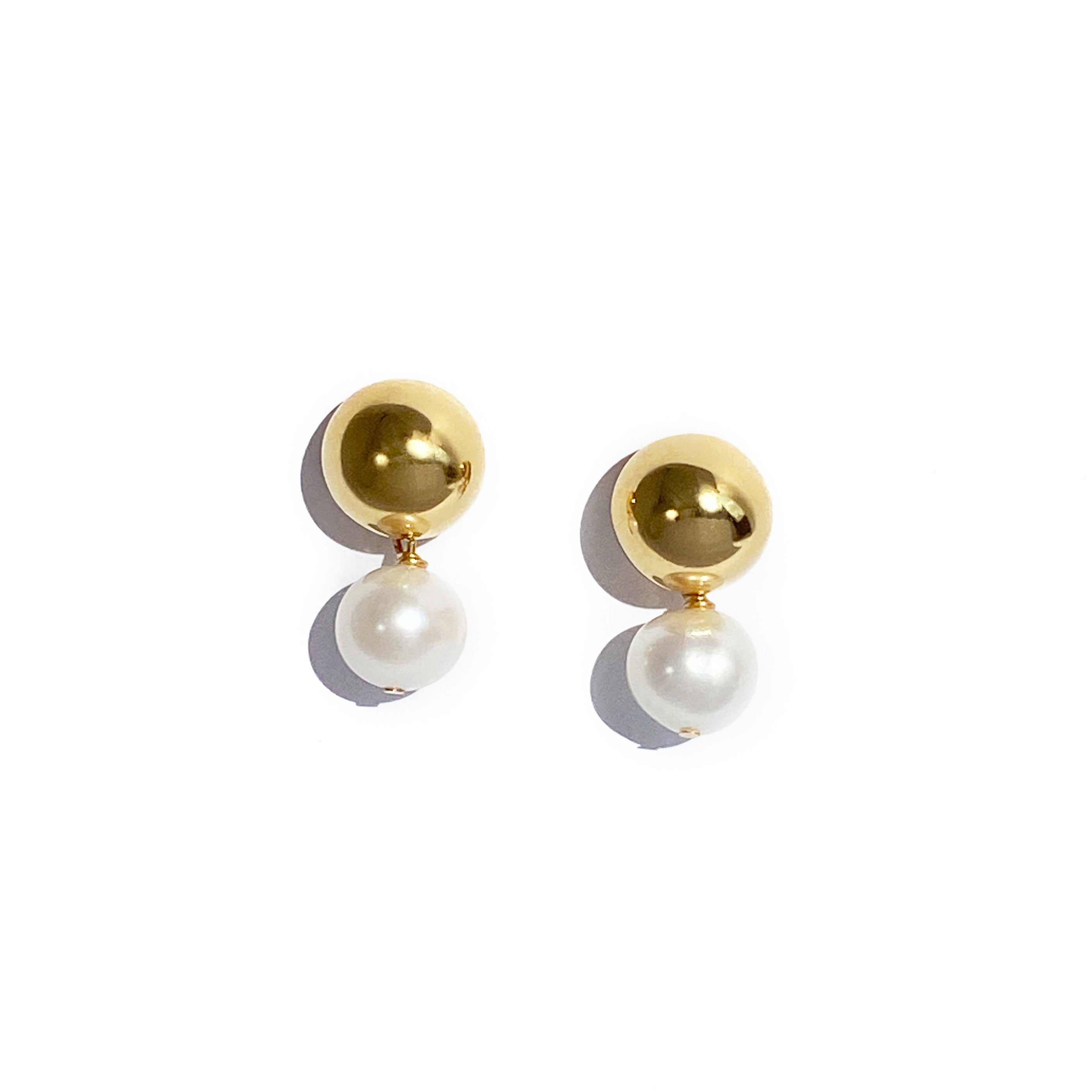 Gold pearl drop stud earrings with round ball tops