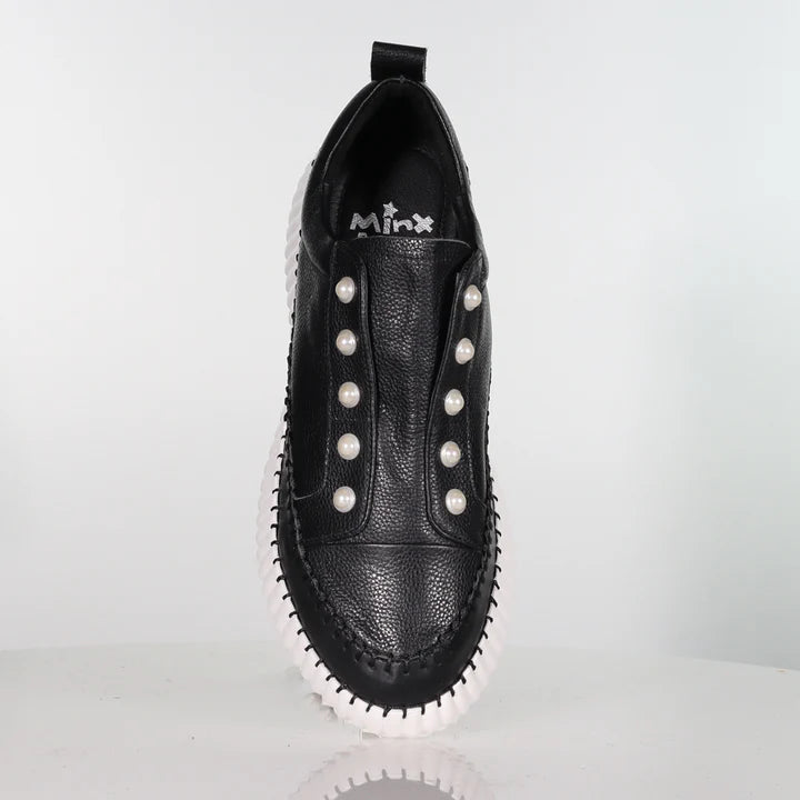 top view of Minx Pearlzie Pearl Detail Slip on Leather Runner in Black