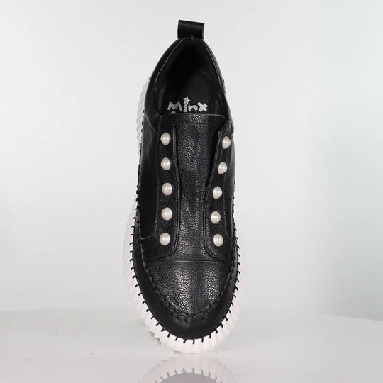 top view of Minx Pearlzie Pearl Detail Slip on Leather Runner in Black