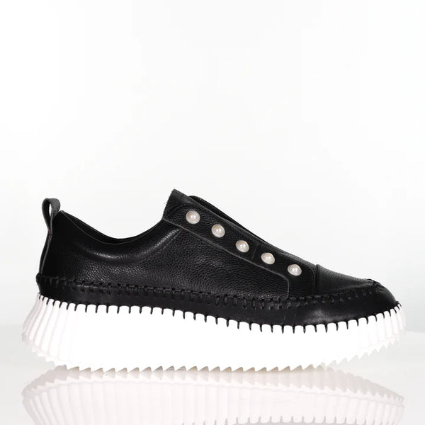 side view of Minx Pearlzie Pearl Detail Slip on Leather Runner in Black
