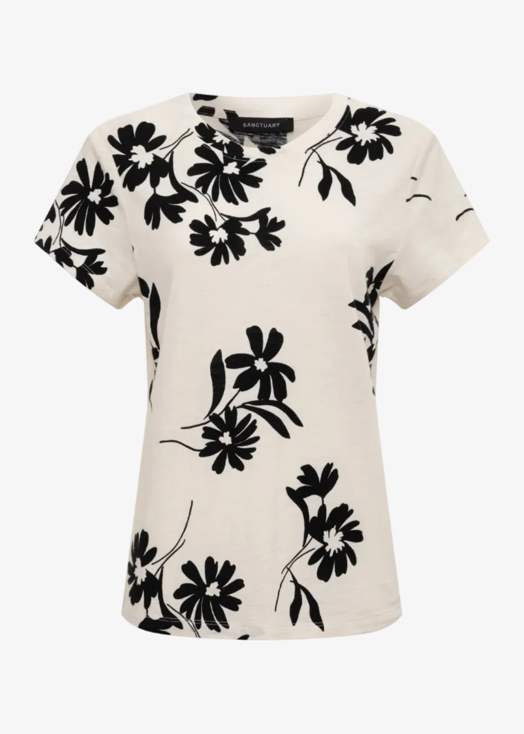 White t-shirt with black floral pattern on a white background