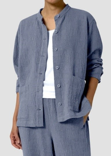 front view of plus size Eileen Fisher Organic Cotton Double Weave Shirt Jacket in Haze