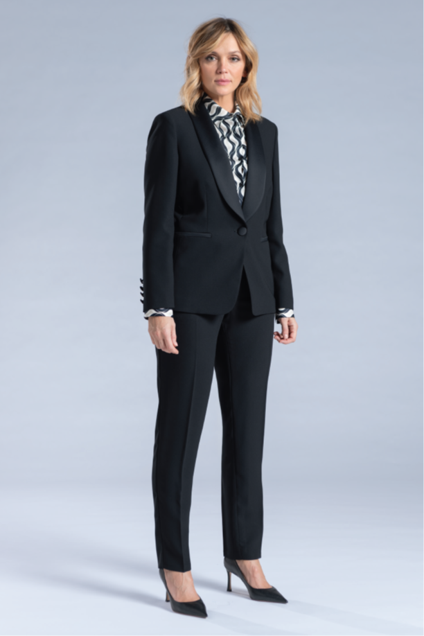 Luisa Viola Cady Tuxedo Jacket with Satin Shawl Lapel in Black