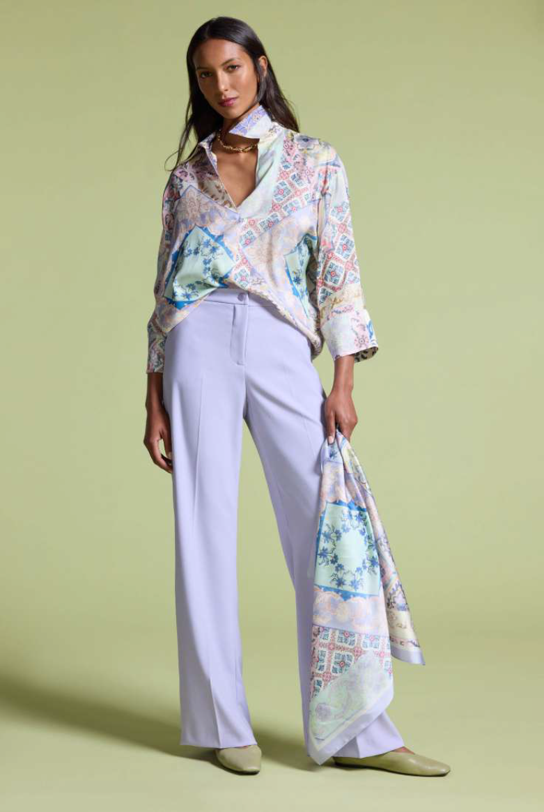 Elena Miro Printed Viscose Twill Oval Polo in Pink Lilac Beige