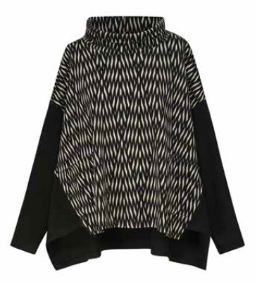 Alembika Wide Cowl Pattern Front Top with Solid Black Sleeve and Back in Flow