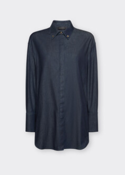 front view of plus size Elena Miro Long Sleeve Chambray Shirt in Blue