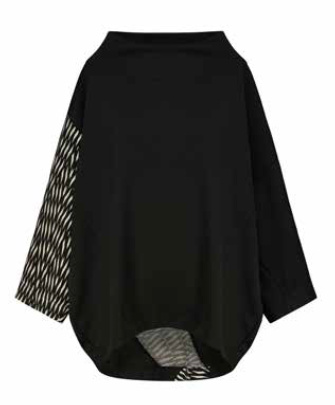 Black jersey tunic with zebra-print side panel and wide, curved hem