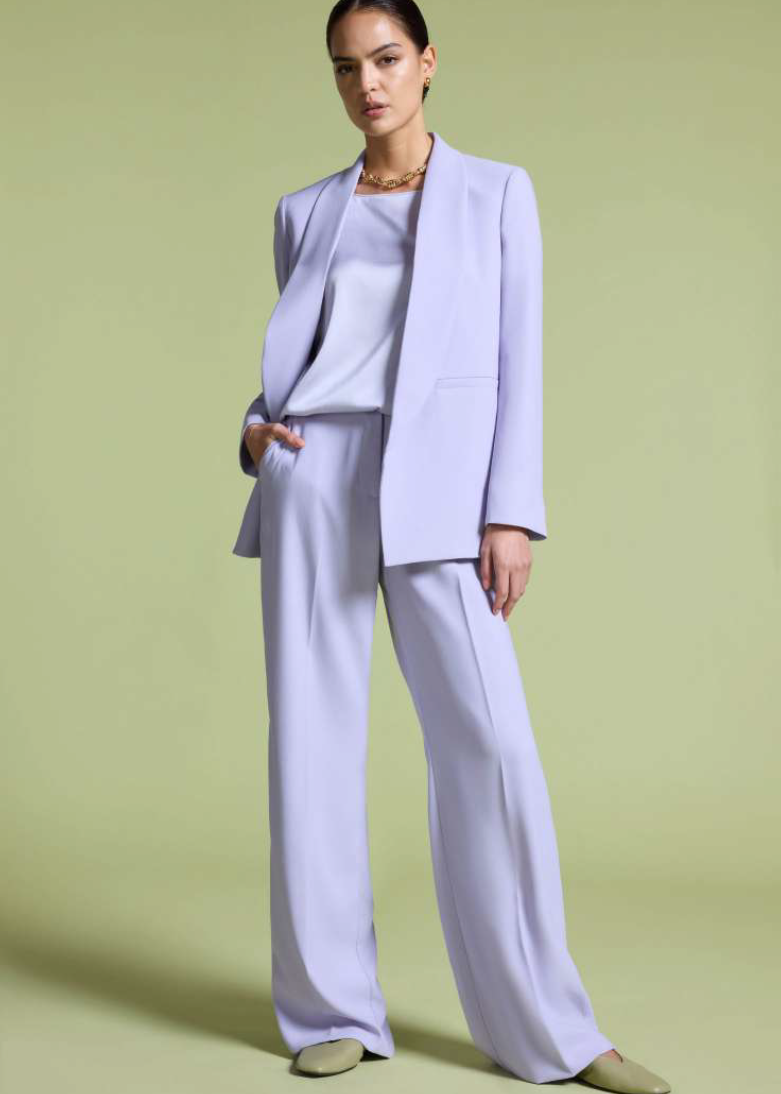 front view of plus size Elena Miro Stretch Satin Seamless Top in Lilac with matching jacket and pant