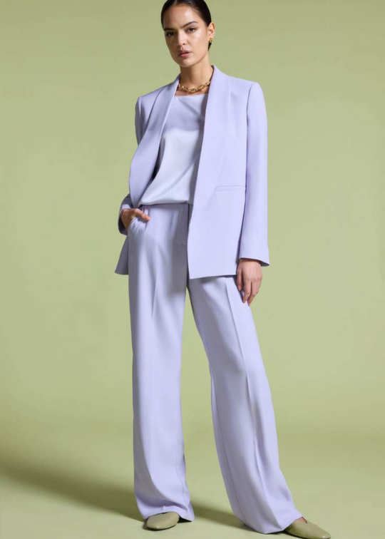 front view of plus size Elena Miro Stretch Satin Seamless Top in Lilac with matching jacket and pant