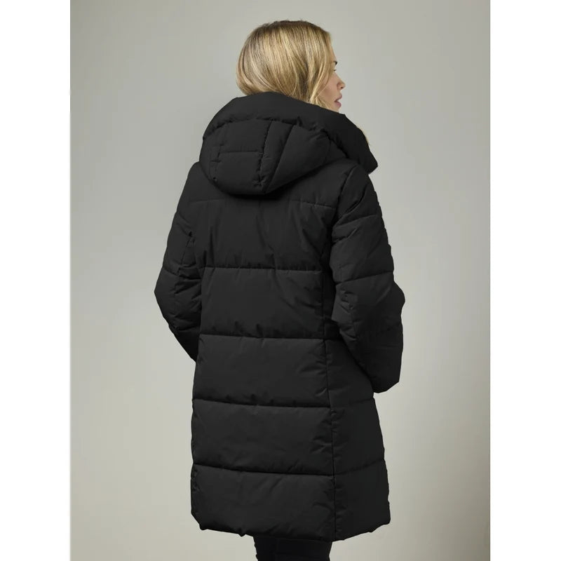 Black longline puffer coat with attached hood, quilted back and zip-front