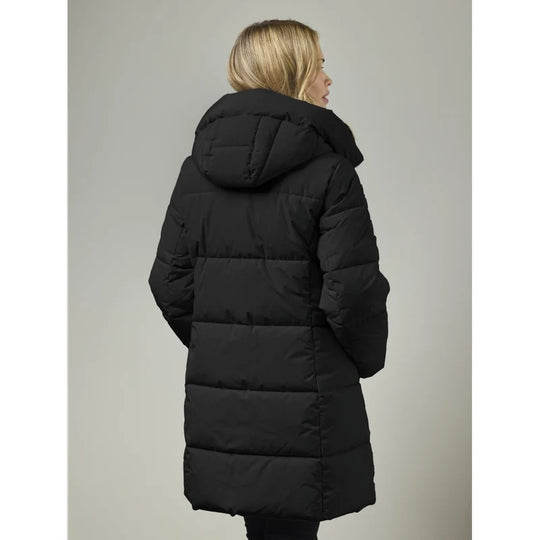 Black longline puffer coat with attached hood, quilted back and zip-front