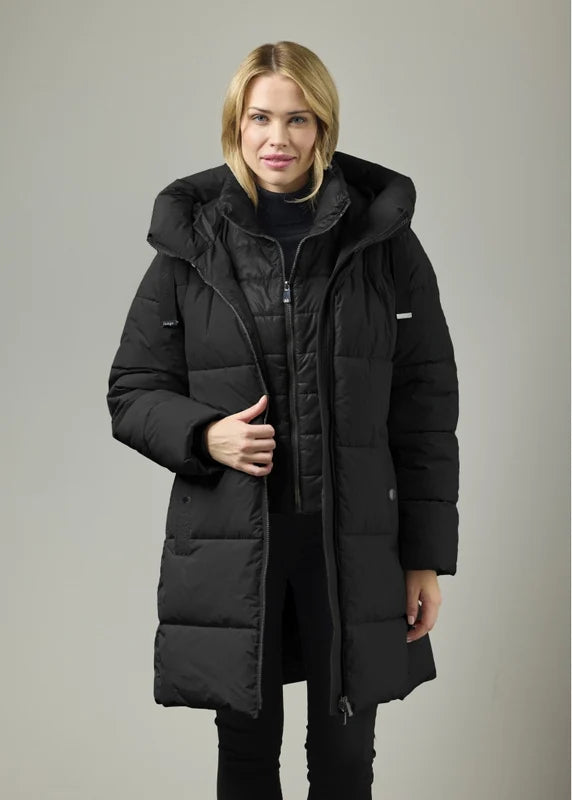 Black longline puffer coat with attached hood and zip-front, quilted insulation detail
