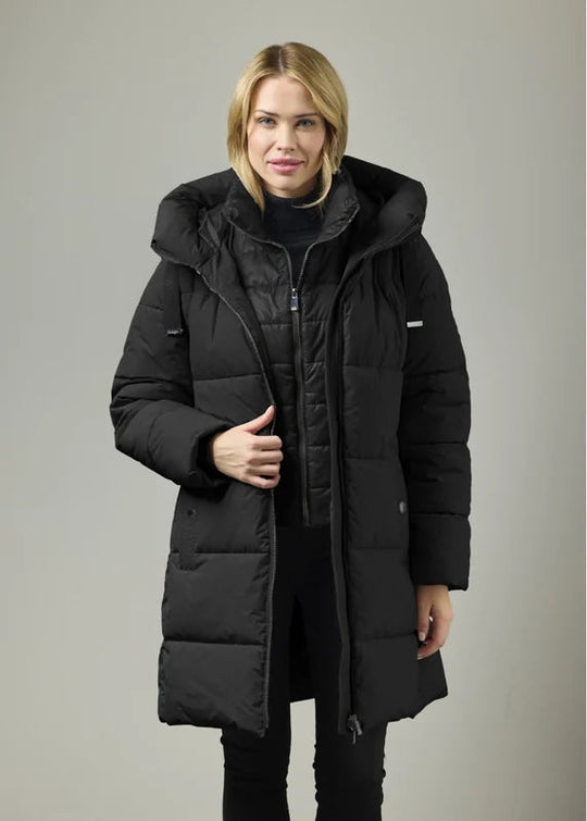 Black longline puffer coat with attached hood and zip-front, quilted insulation detail