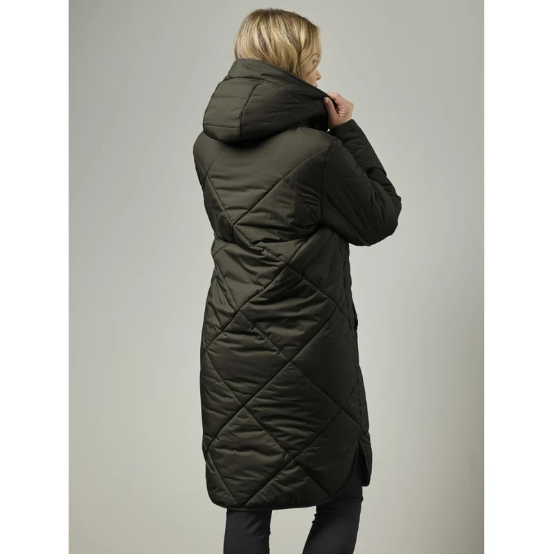 Quilted hooded parka coat with curved hem, dark green, back view