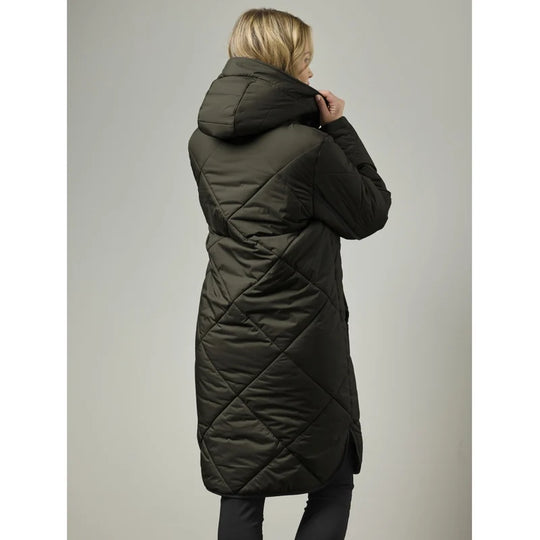 Quilted hooded parka coat with curved hem, dark green, back view